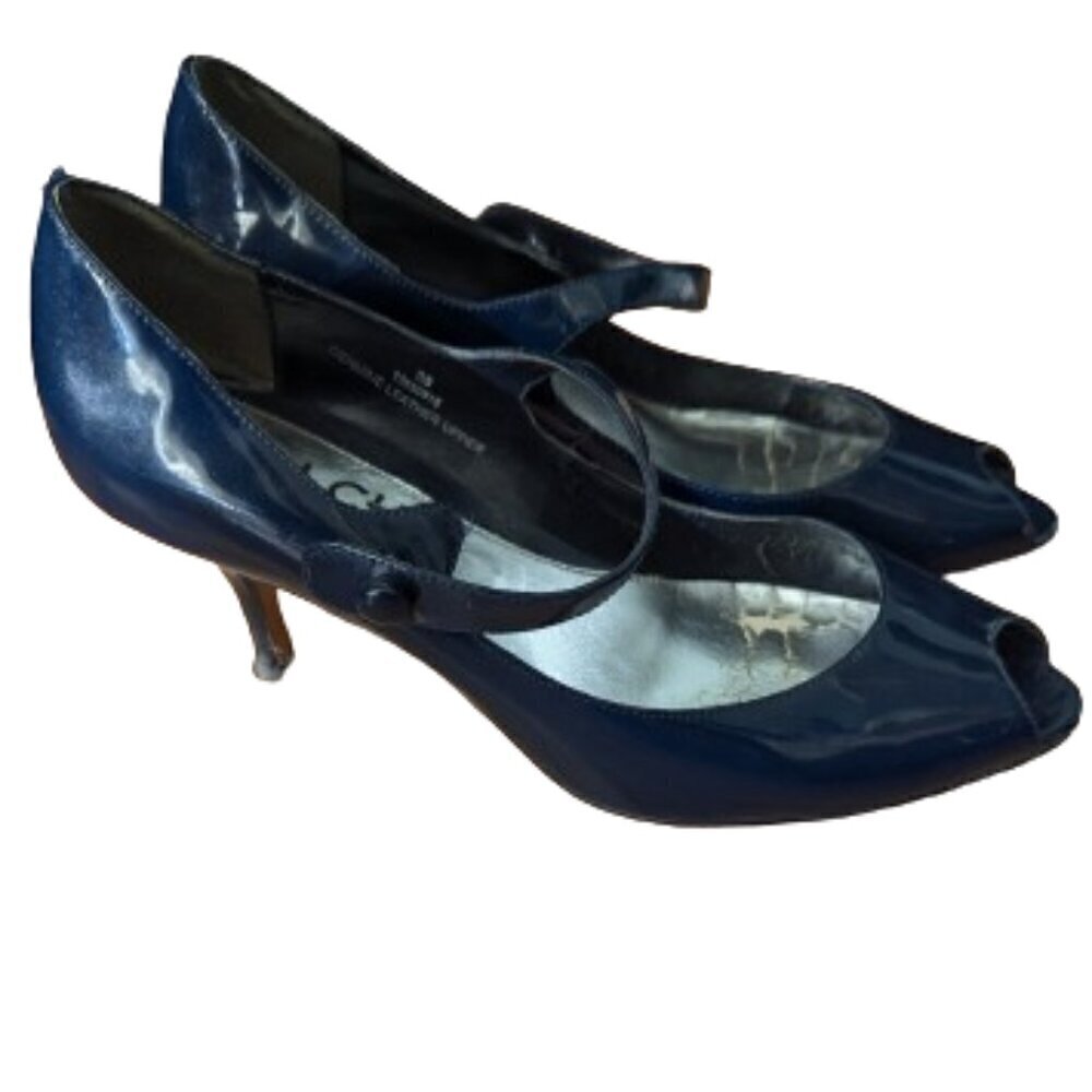Vintage Blue Falchi Peep Toe Patent Mary Jane Strap Kitten Heels